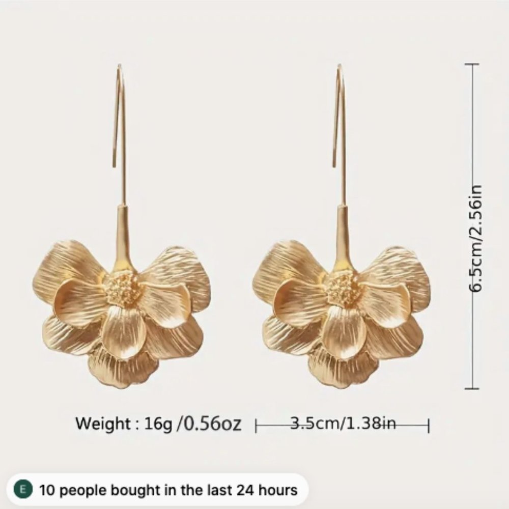 18k Gold Plated Flower Drop Earrings - Picture 6 of 6
